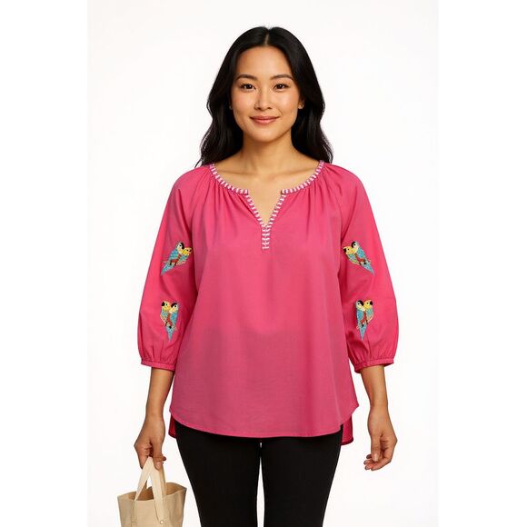 Talbots Pink Embroidered Parrot Boho Tropical Cotton Lightweight Top XL Pink - Picture 1 of 8